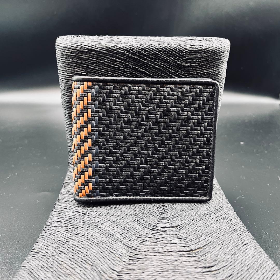 エルメネジルド・ゼニア 二つ折り財布 編み込み ブラック バイカラー カード