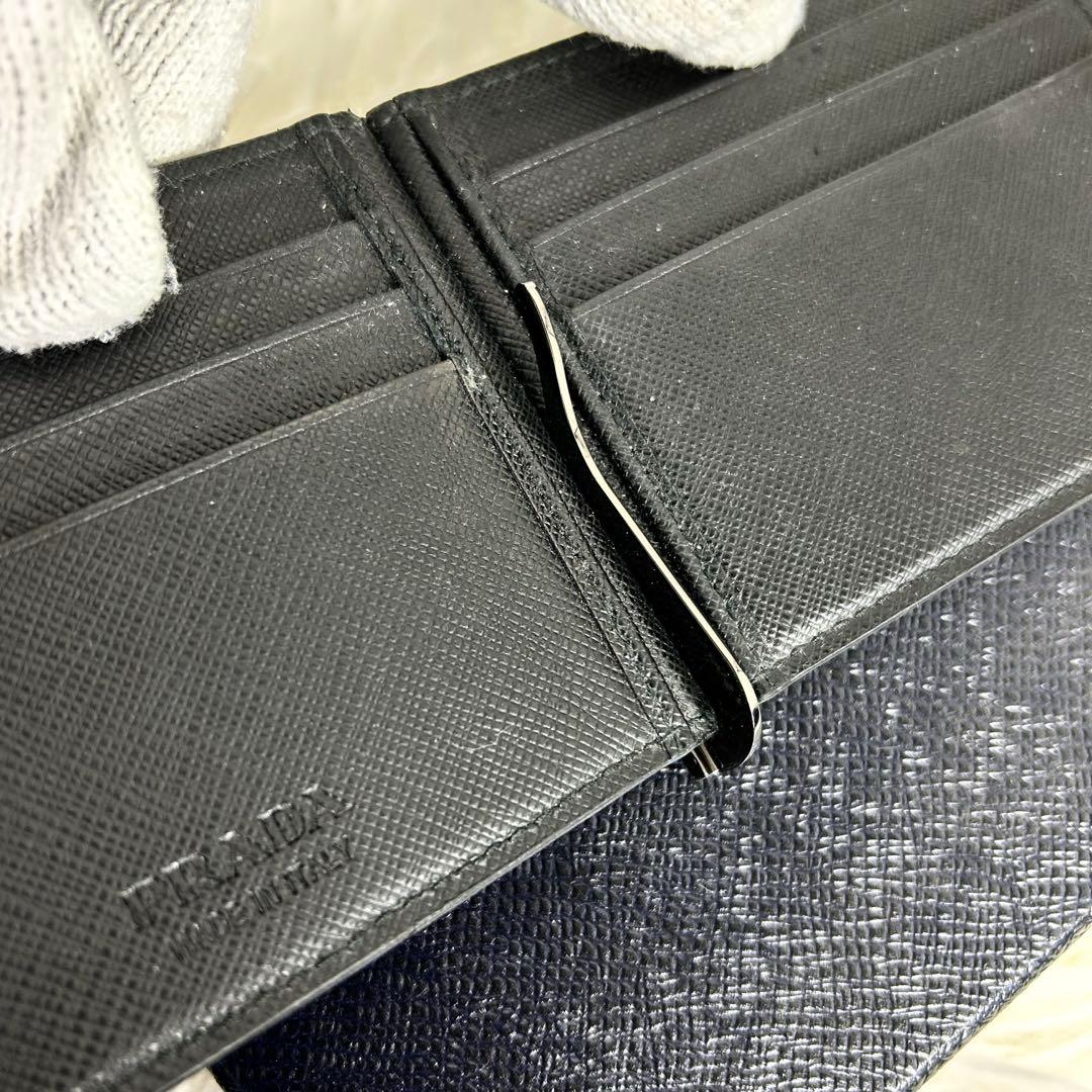 極美✨付属完備✨PRADA 二つ折り マネークリップ サフィアーノレザー 黒
