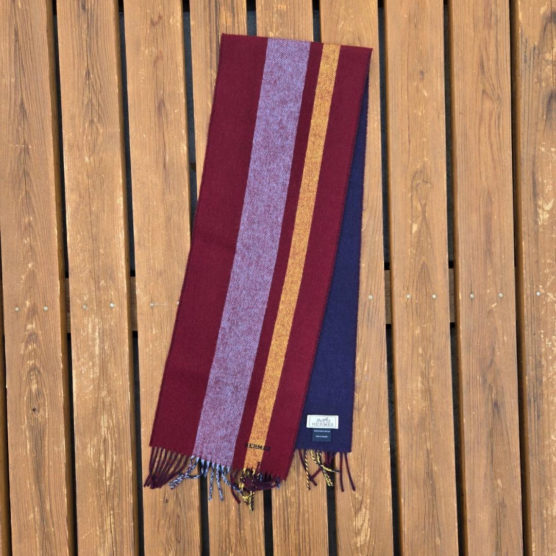 Hermès　エルメス　オルタネートストライプ フリンジ付き マフラー カシミヤ