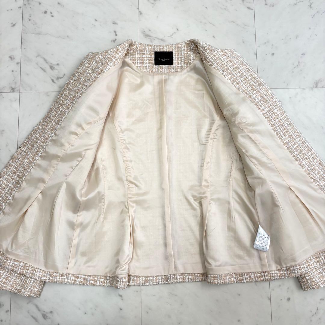 美品 デミルクスビームス ツイードペプラムジャケット40 L ベージュ ラメ