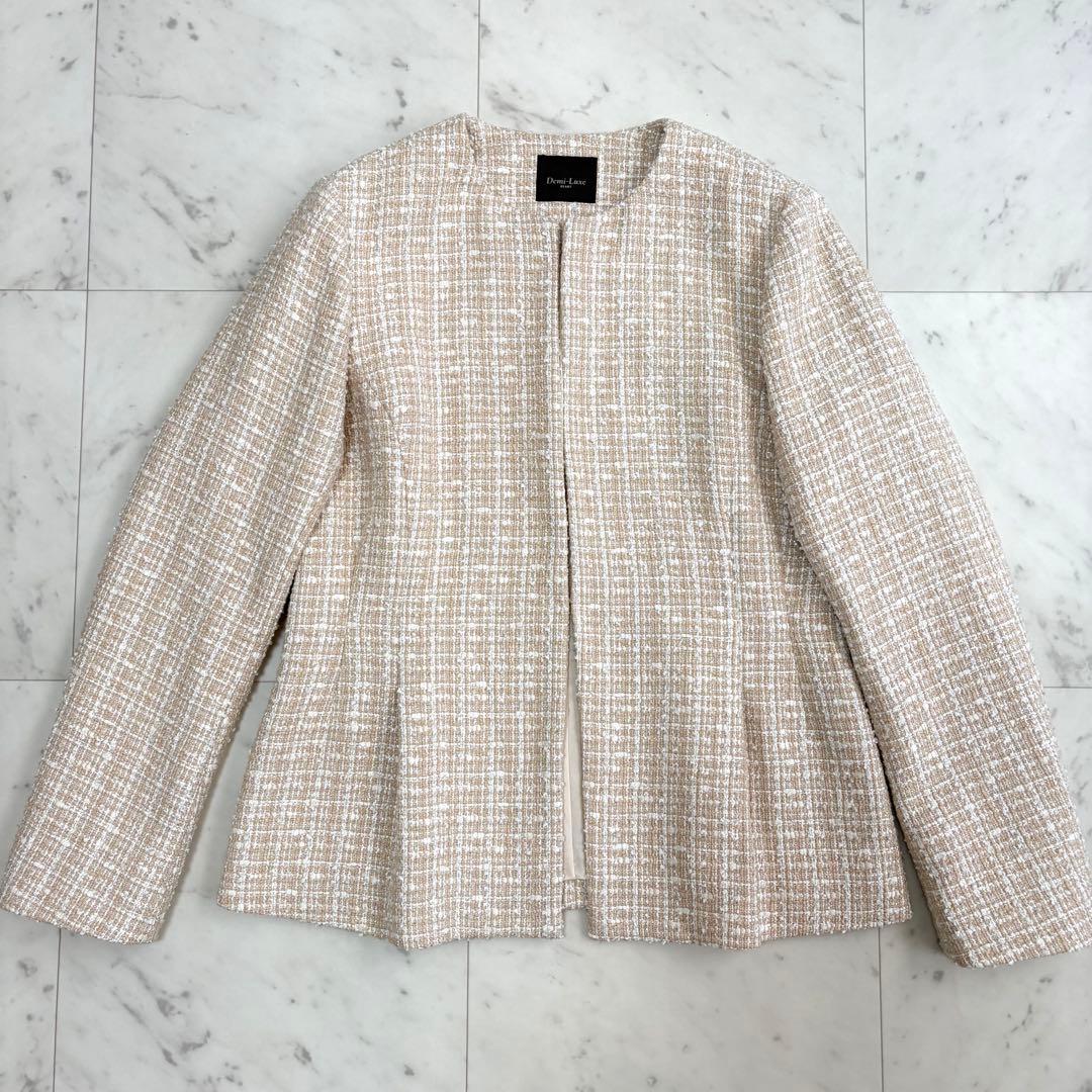 美品 デミルクスビームス ツイードペプラムジャケット40 L ベージュ ラメ