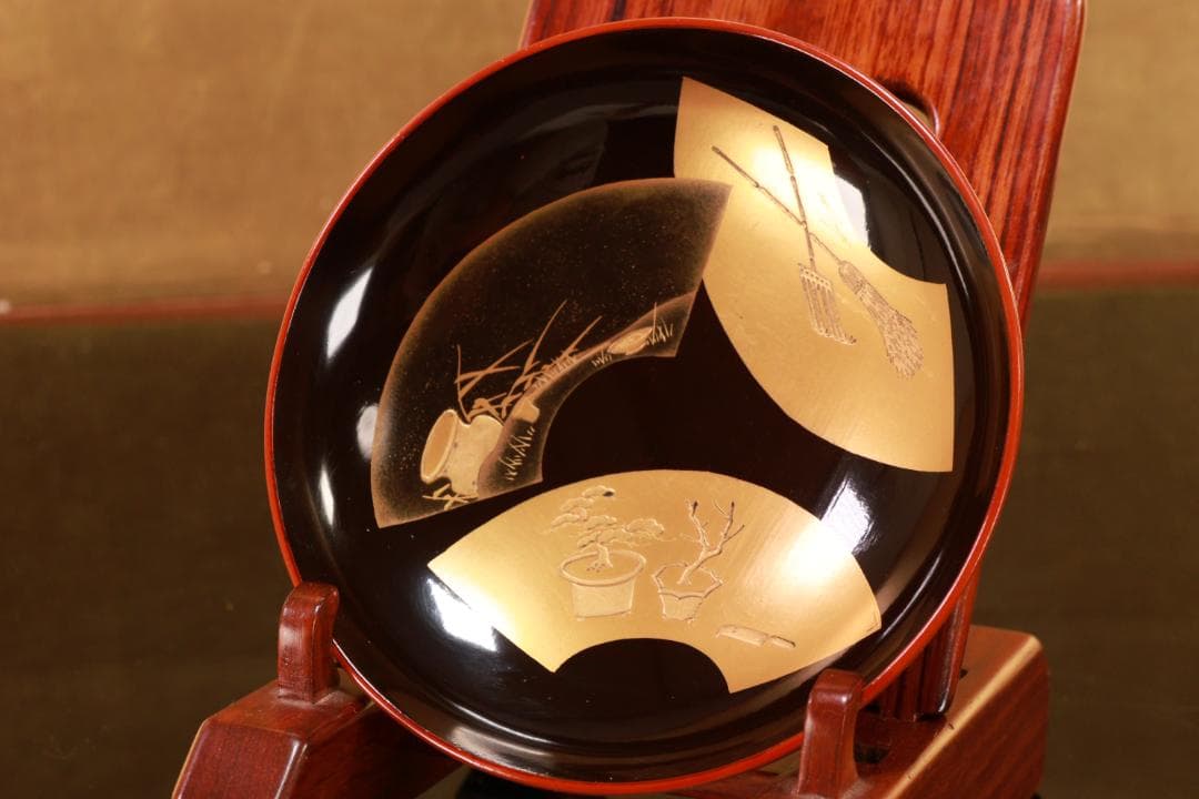 時代輪島塗　扇面絵違金蒔絵　吸物椀　５客　木製　図替　絵違 BJ055