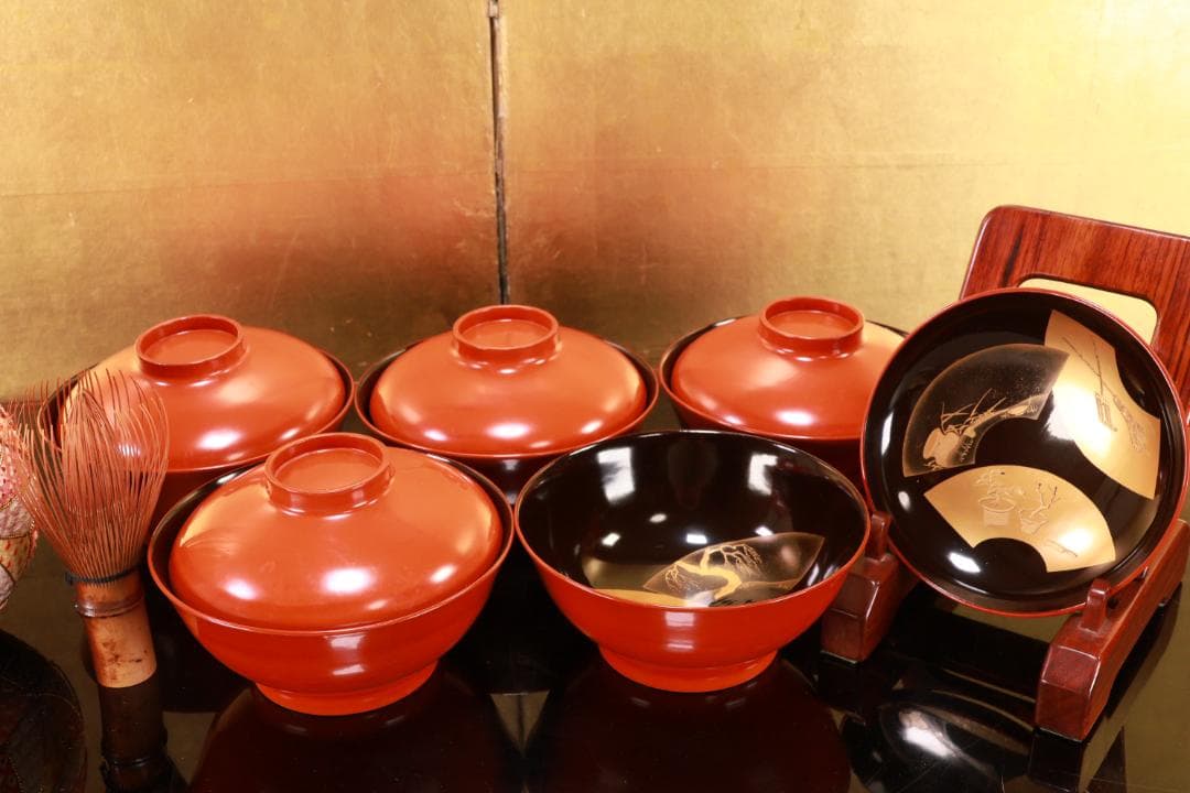 時代輪島塗　扇面絵違金蒔絵　吸物椀　５客　木製　図替　絵違 BJ055