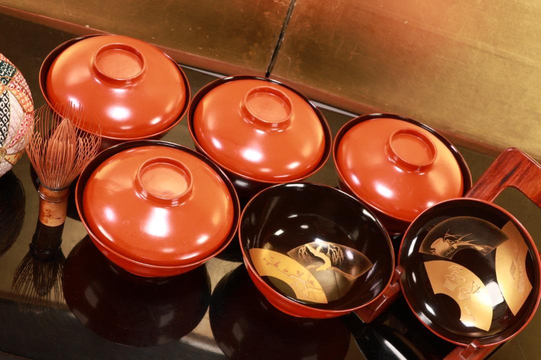 時代輪島塗　扇面絵違金蒔絵　吸物椀　５客　木製　図替　絵違 BJ055