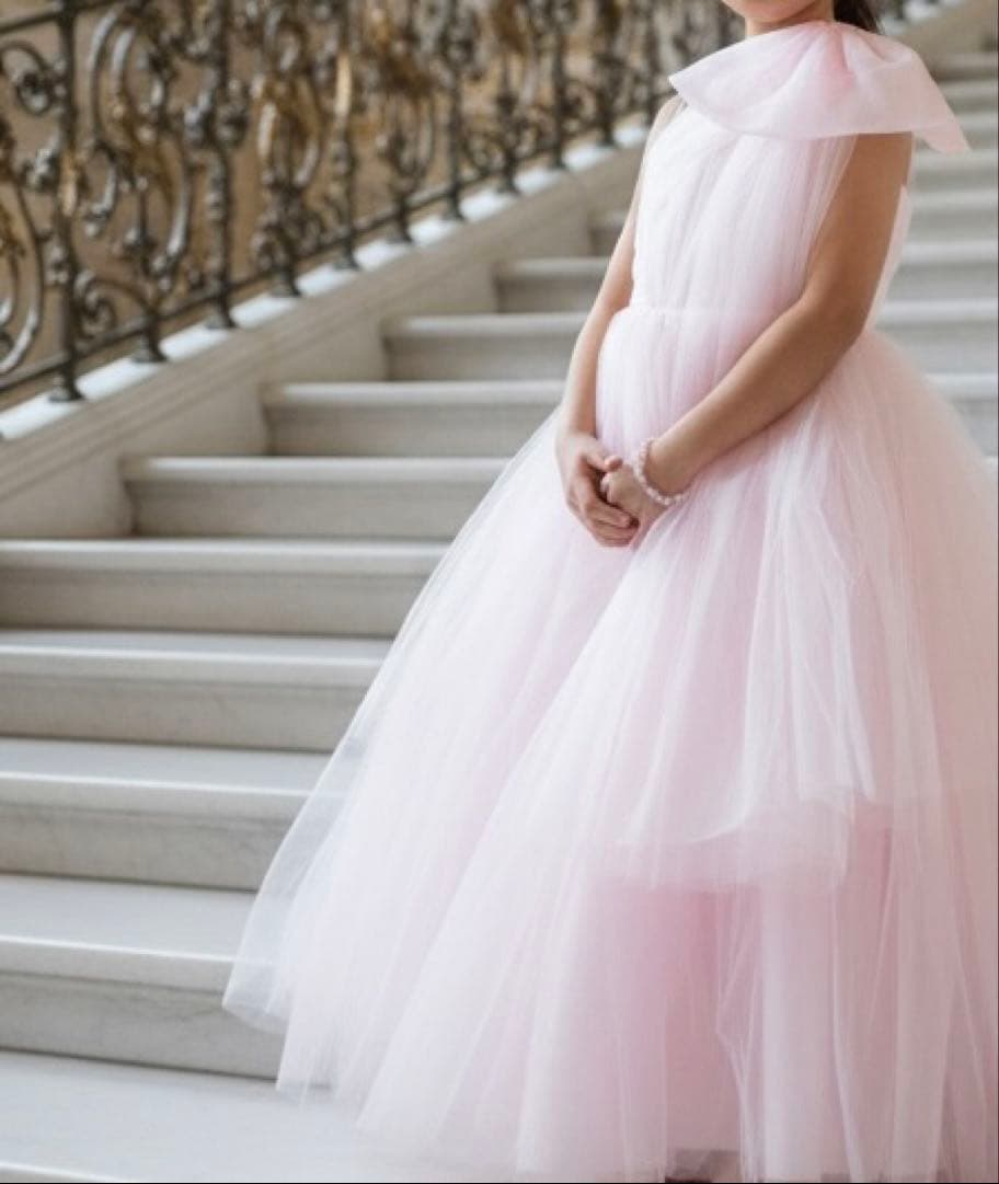 130cm チュール ピンク　リボン　ロングドレス発表会 結婚式 写真撮影
