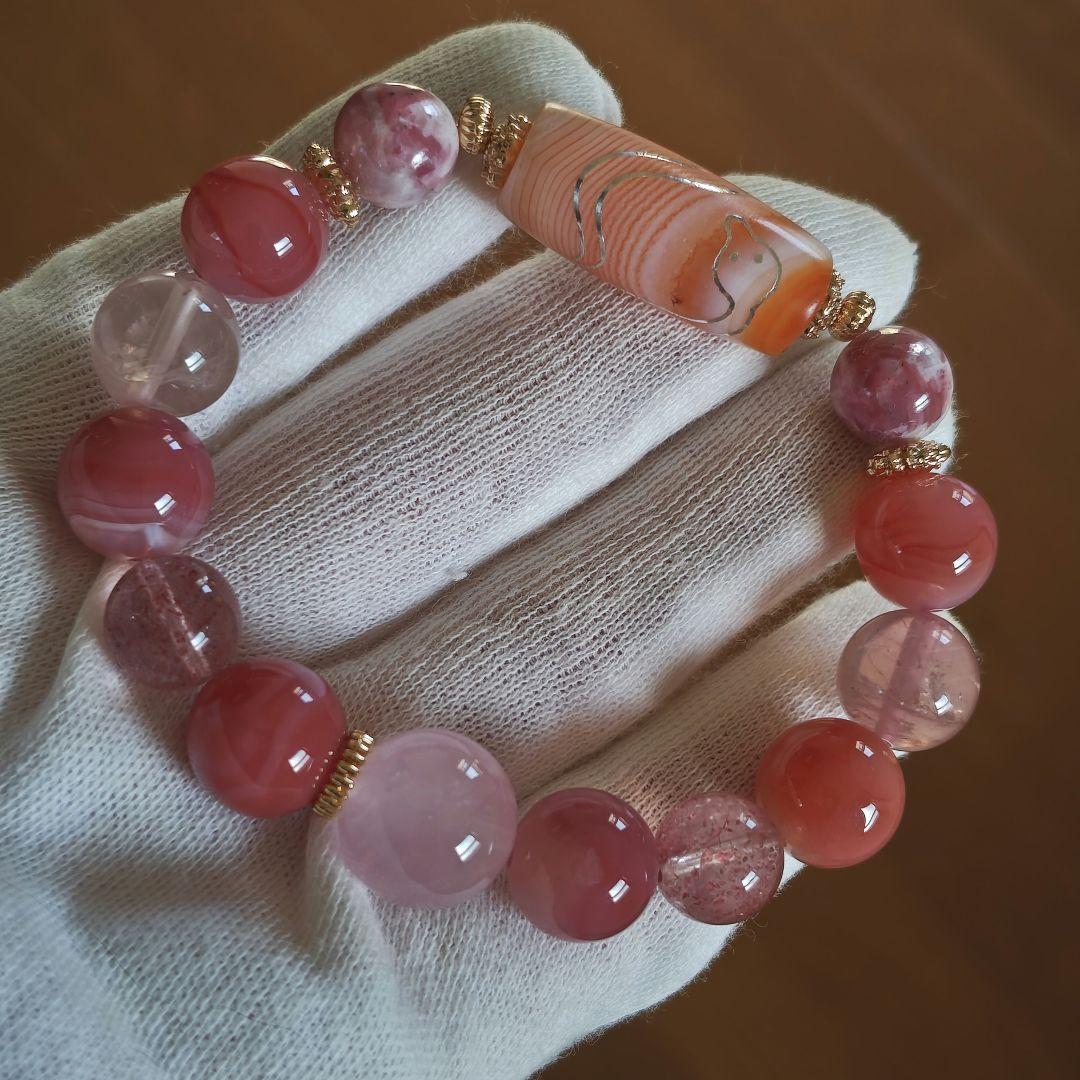 新作♡白蛇天珠、モザンビーク産ローズクォーツ、ピーチ塩源瑪瑙、ピンクレピドシリカ