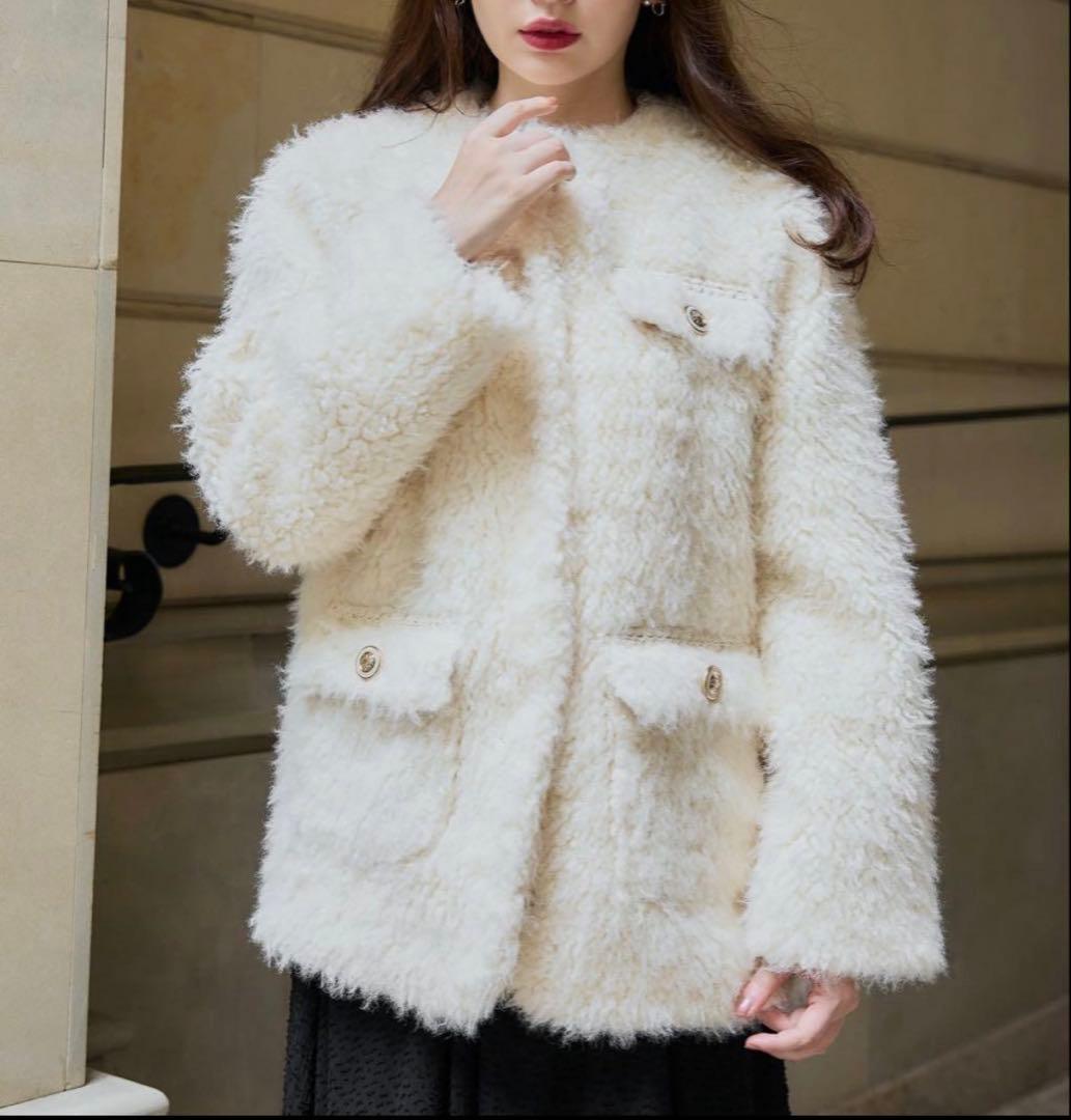  Faux Fur Coat ecru Sサイズ