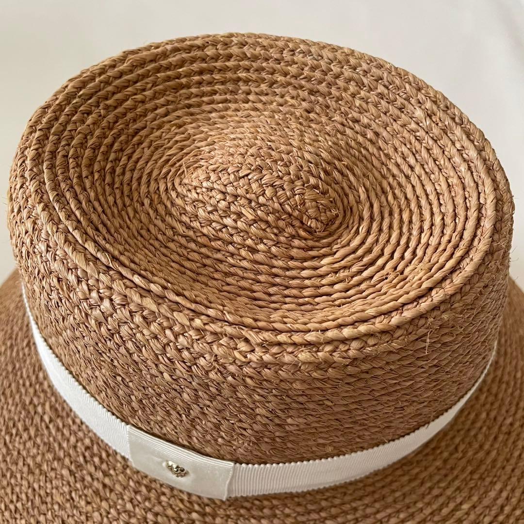 ヘレンカミンスキー　ブラウン 麦わら帽子 ホワイトリボン　ラフィア