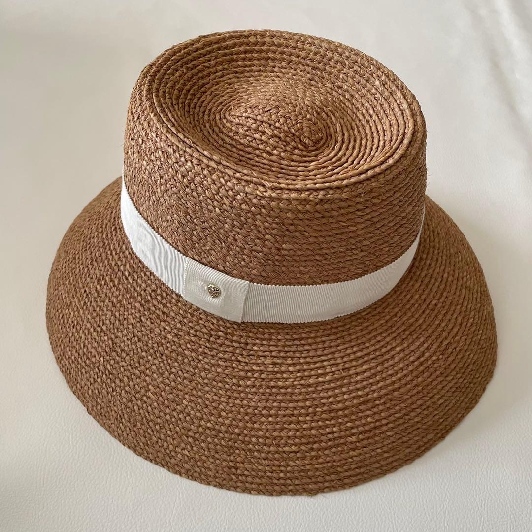 ヘレンカミンスキー　ブラウン 麦わら帽子 ホワイトリボン　ラフィア
