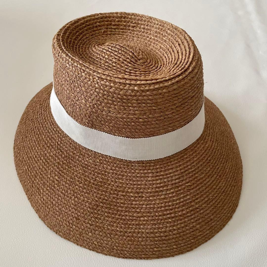 ヘレンカミンスキー　ブラウン 麦わら帽子 ホワイトリボン　ラフィア