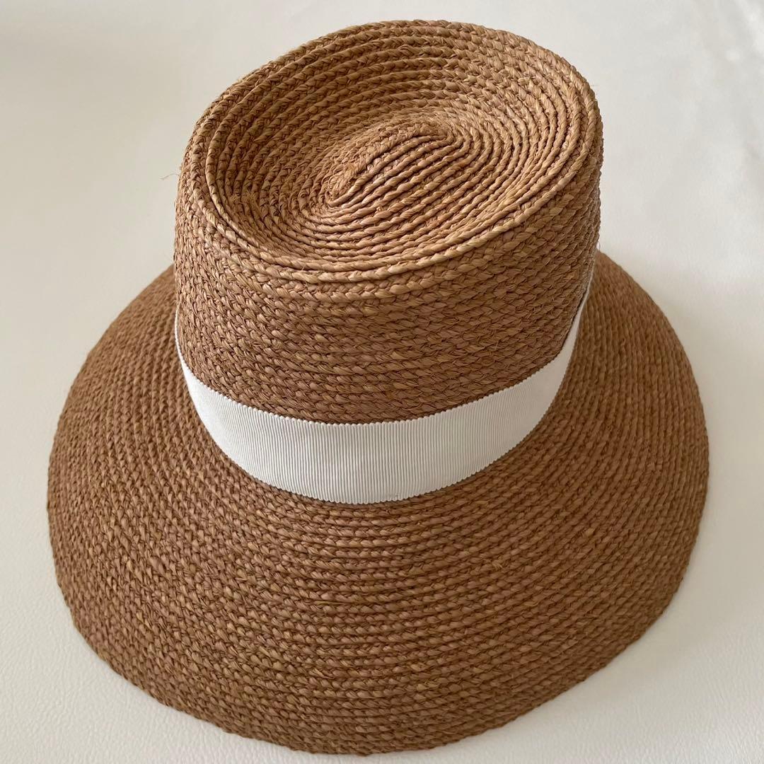 ヘレンカミンスキー　ブラウン 麦わら帽子 ホワイトリボン　ラフィア