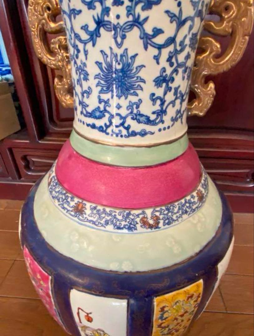 中国清末民国時代　山水人物　粉彩大花瓶　高さ49cm