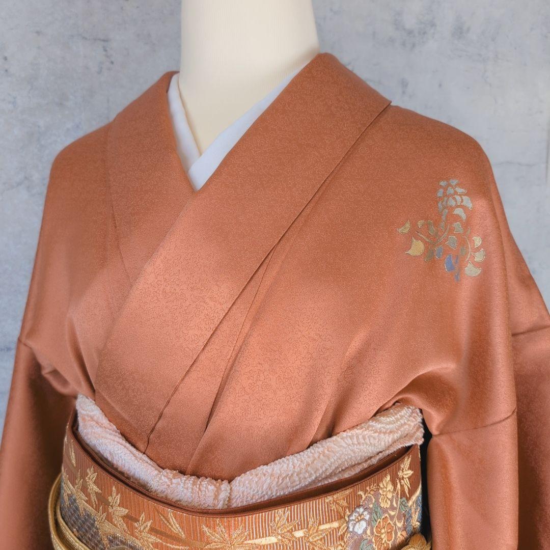 訪問着　フルセット　着物　正絹　トールサイズ　赤橙　金　豪華　鳥　祝い事　F7