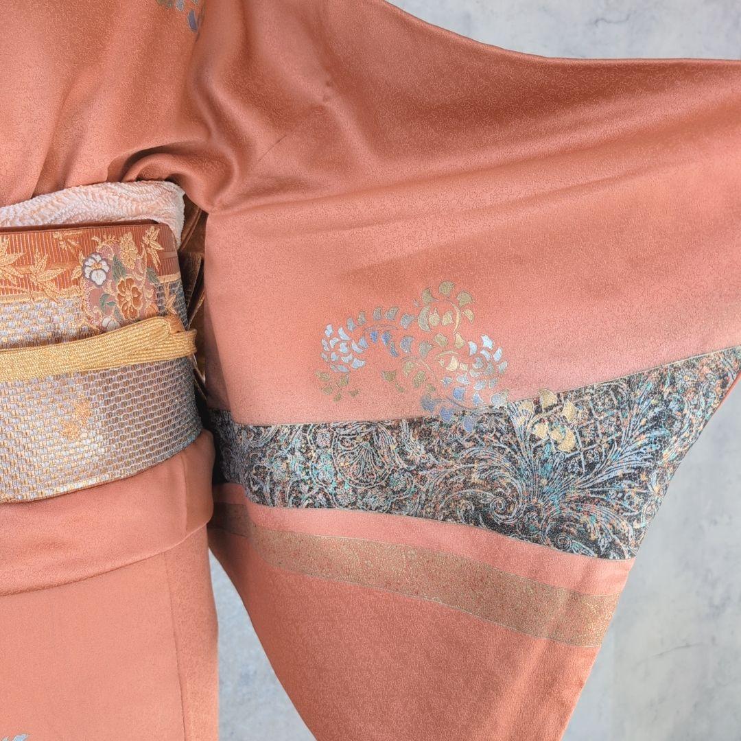 訪問着　フルセット　着物　正絹　トールサイズ　赤橙　金　豪華　鳥　祝い事　F7