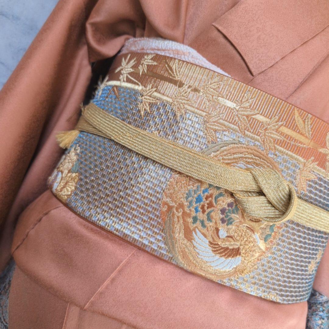 訪問着　フルセット　着物　正絹　トールサイズ　赤橙　金　豪華　鳥　祝い事　F7