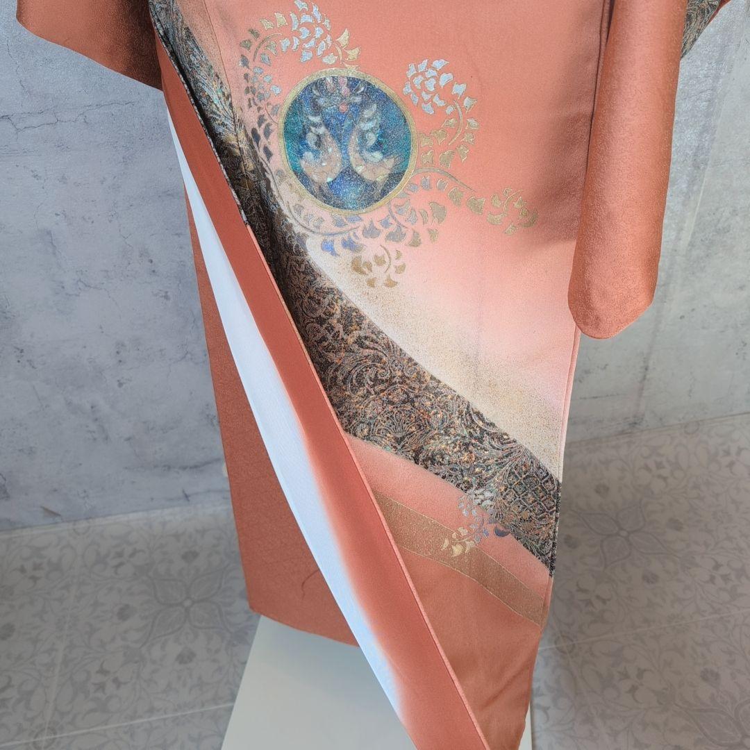 訪問着　フルセット　着物　正絹　トールサイズ　赤橙　金　豪華　鳥　祝い事　F7