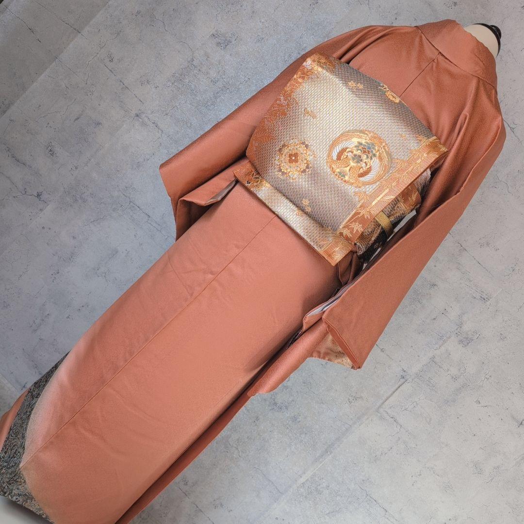 訪問着　フルセット　着物　正絹　トールサイズ　赤橙　金　豪華　鳥　祝い事　F7