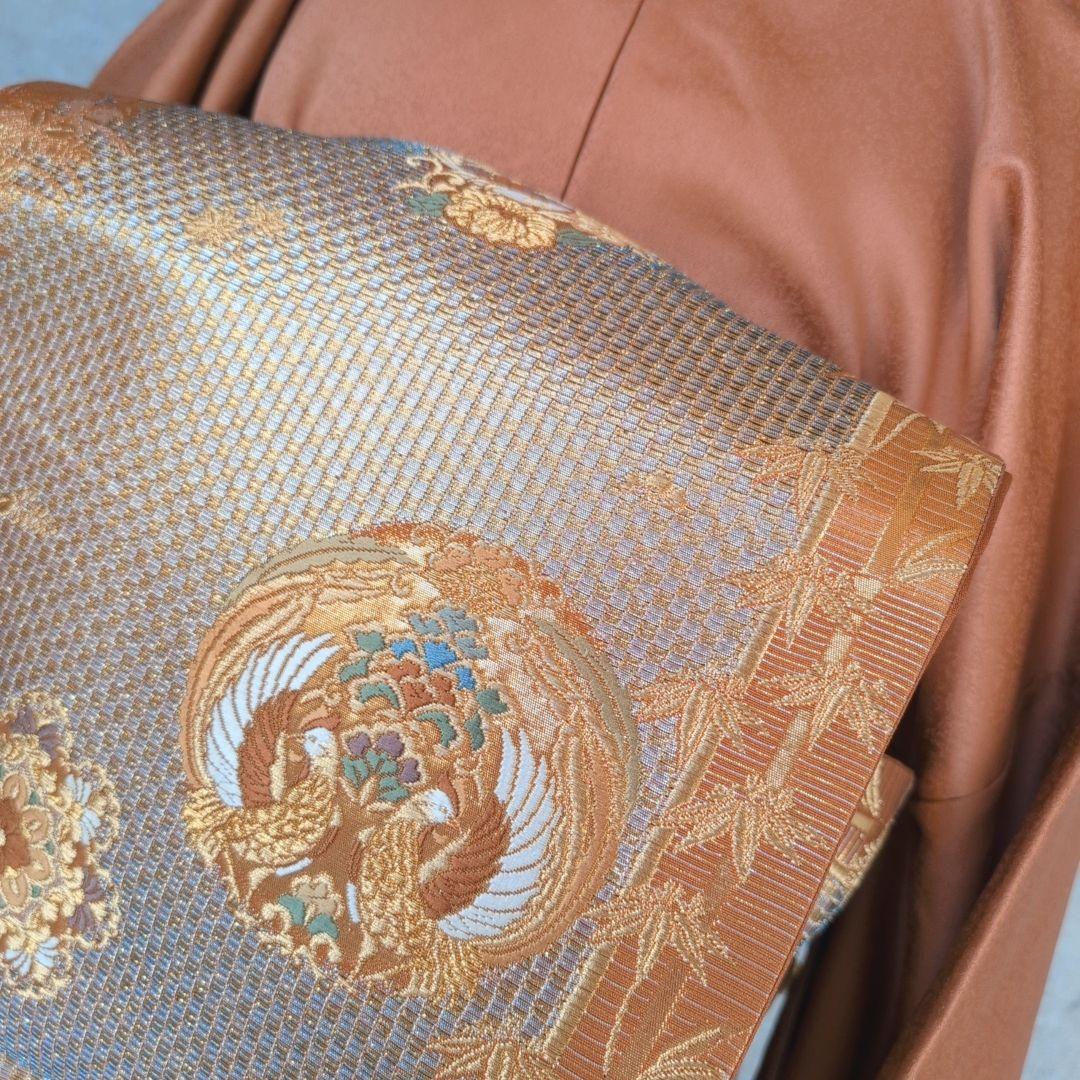 訪問着　フルセット　着物　正絹　トールサイズ　赤橙　金　豪華　鳥　祝い事　F7