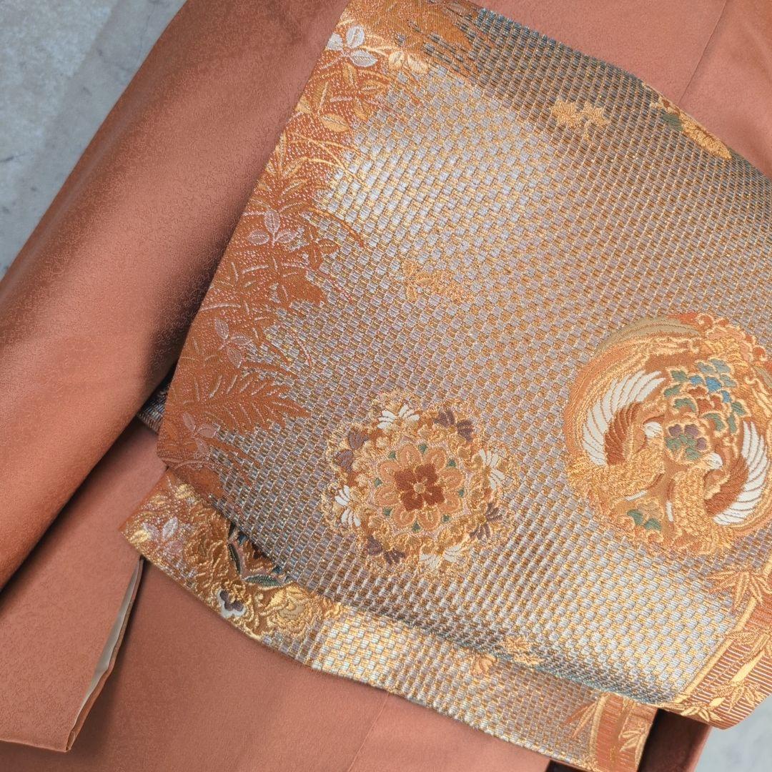 訪問着　フルセット　着物　正絹　トールサイズ　赤橙　金　豪華　鳥　祝い事　F7