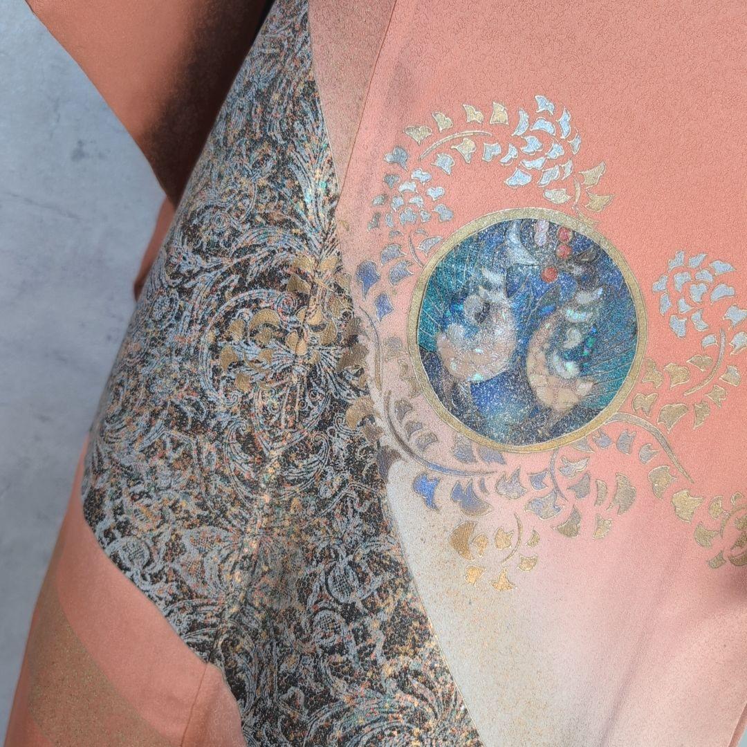 訪問着　フルセット　着物　正絹　トールサイズ　赤橙　金　豪華　鳥　祝い事　F7