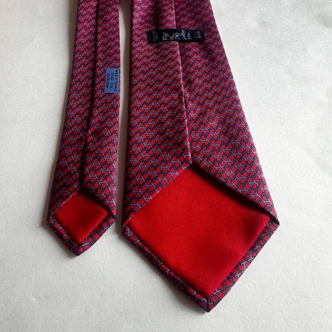 美品　HERMES エルメス　赤ピンク　ネイビーブランドロゴ　Hロゴ　ネクタイ