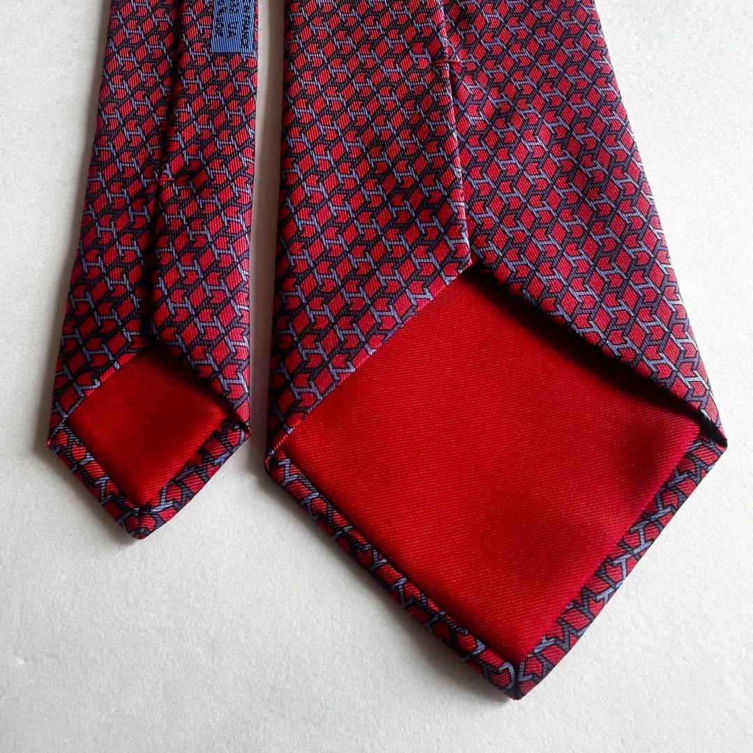 美品　HERMES エルメス　赤ピンク　ネイビーブランドロゴ　Hロゴ　ネクタイ