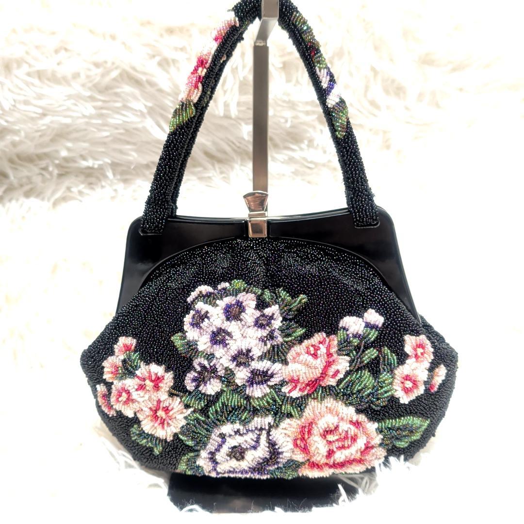 美品！　ビーズバッグ　手刺繍 花　カラフル　鮮やか　和装