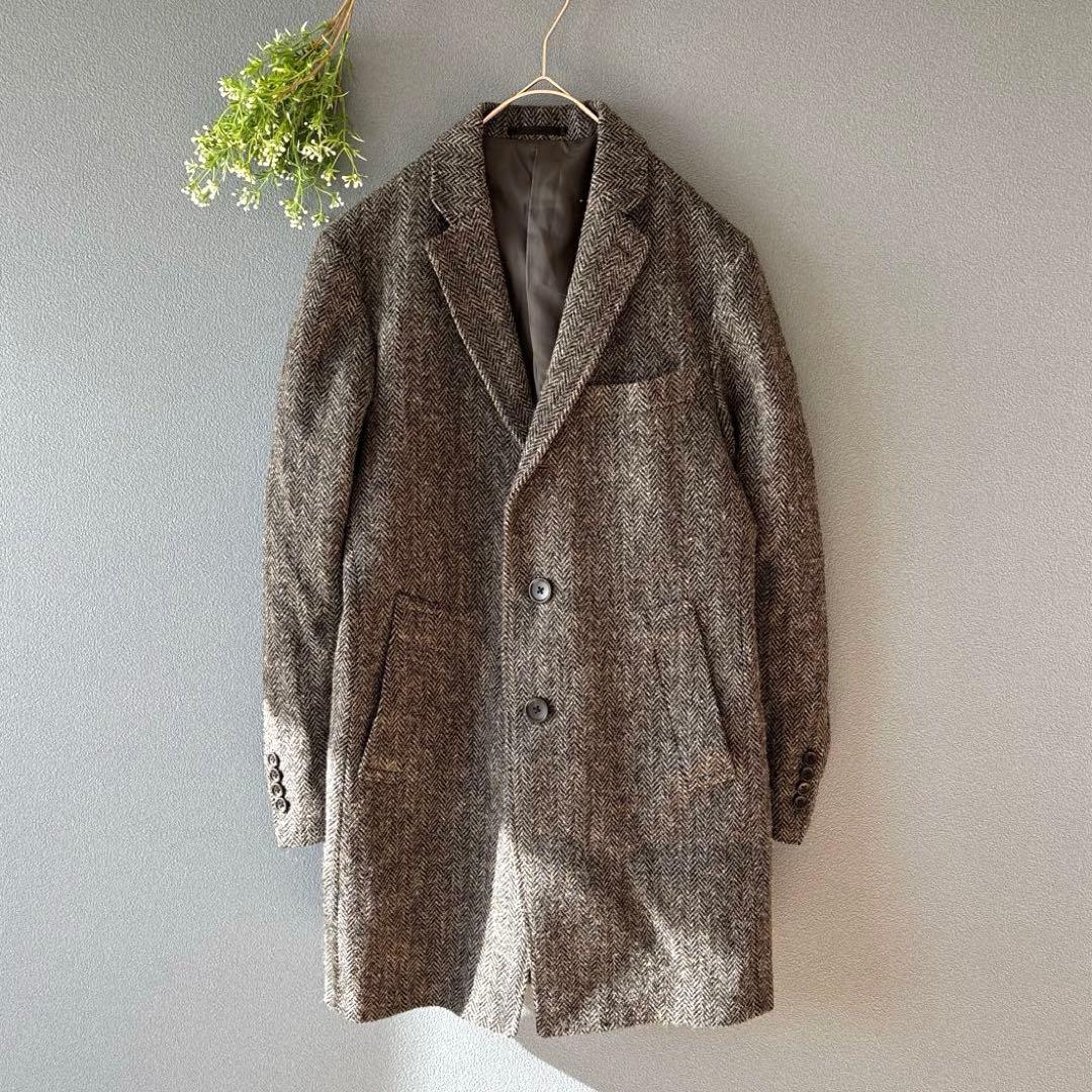 ハリスツイード［M］上品シック◎ウール100%◎高級◎ヘリンボーン柄ウールコート