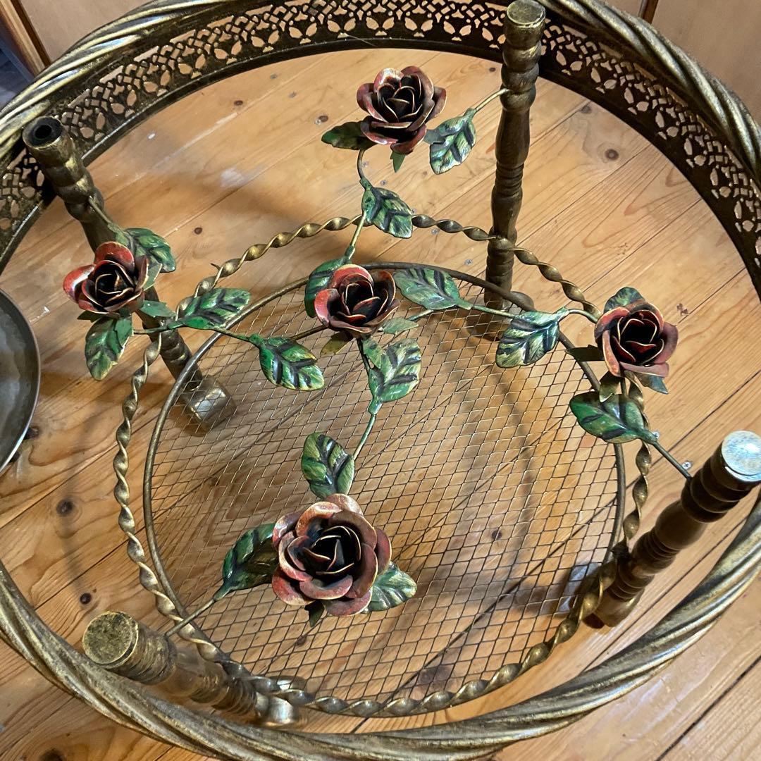 美品！薔薇 サイドテーブル 丸 ガラス バラ キャスター付 アンティーク調