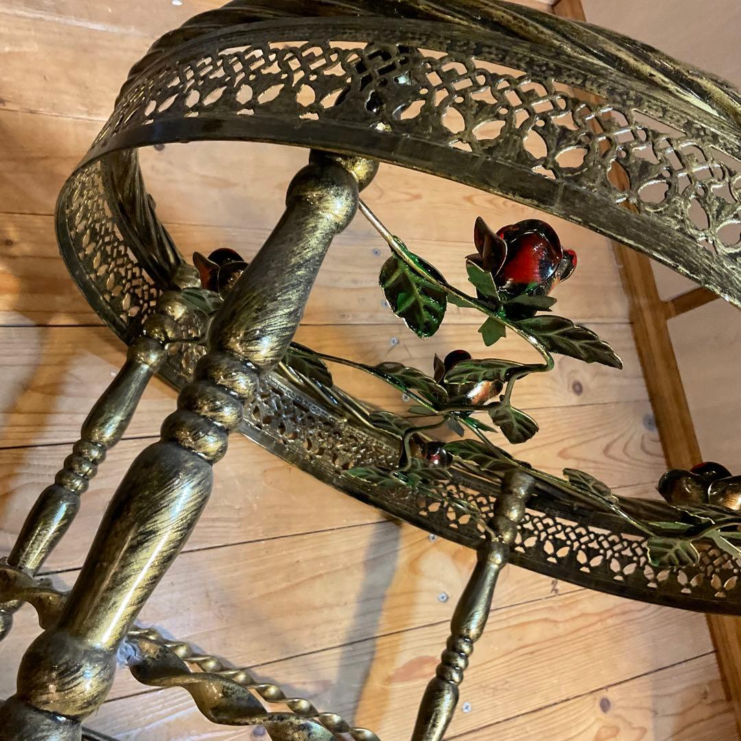 美品！薔薇 サイドテーブル 丸 ガラス バラ キャスター付 アンティーク調