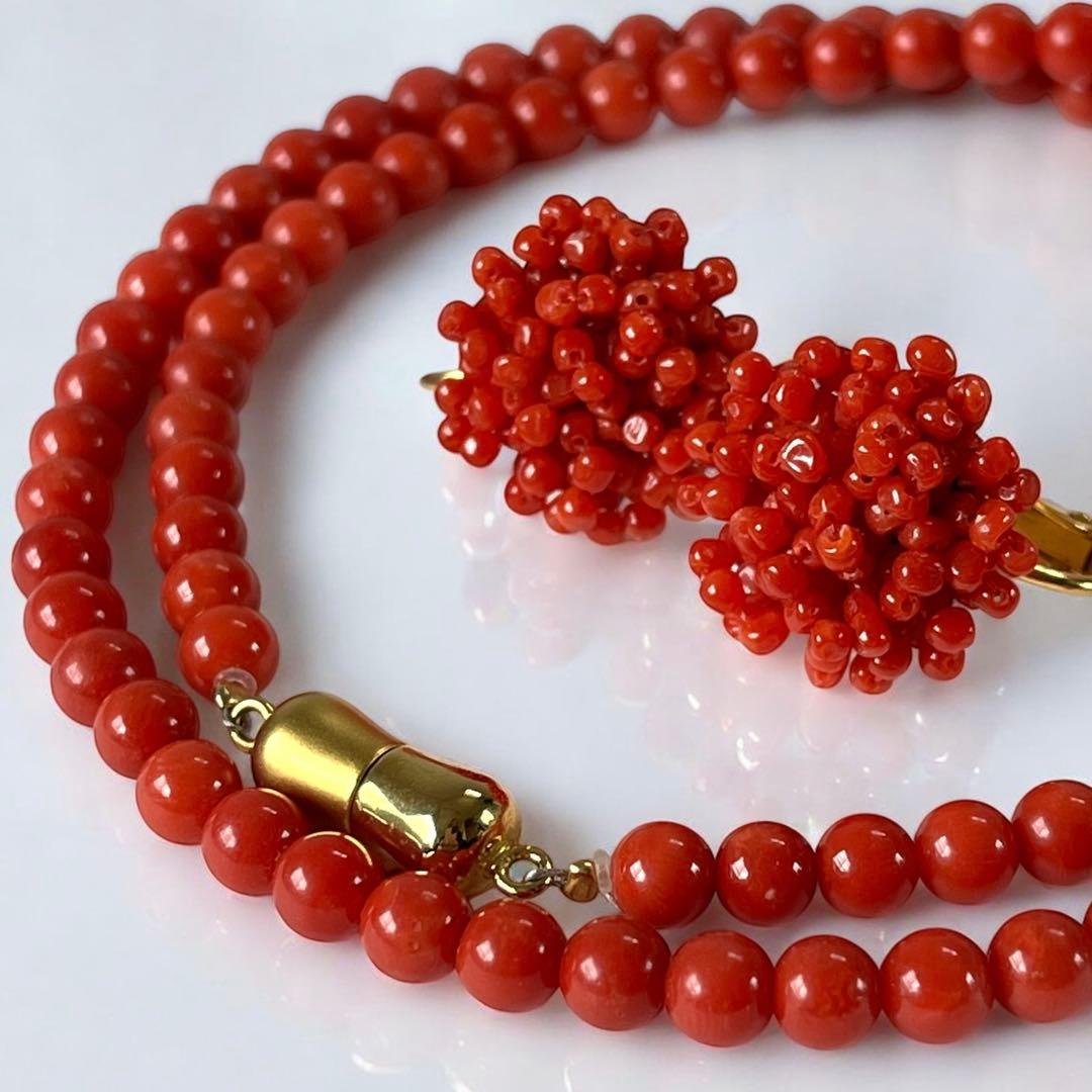 美品✨血赤珊瑚 5.0mm 丸玉 ネックレス＆イヤリング サンゴ