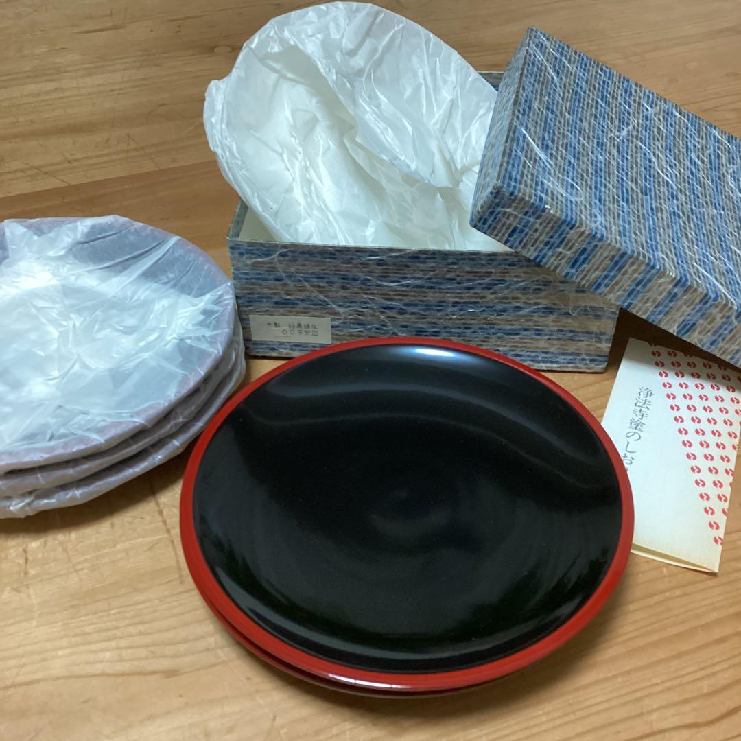 漆器　浄法寺塗　木製　総黒縁朱　平安皿　6寸　18cm 5枚