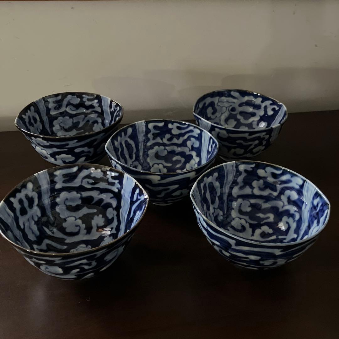 惣太窯　そうた窯　青白磁　波　雲　龍　模様　碗5客