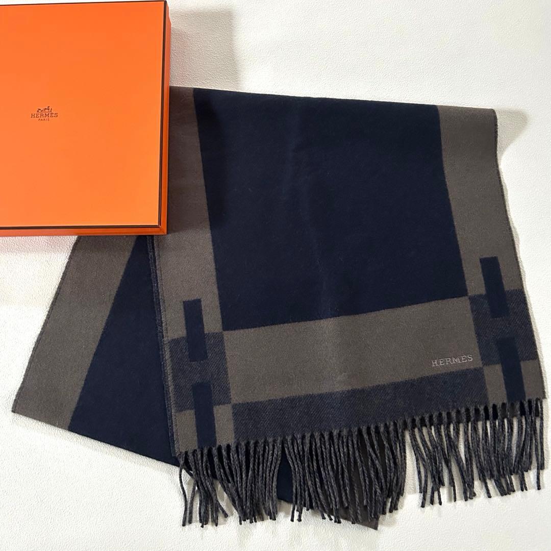 極美品✨エルメス Hパッサン カシミヤ マフラー ロゴ刺繍 ユニセックス 付属品