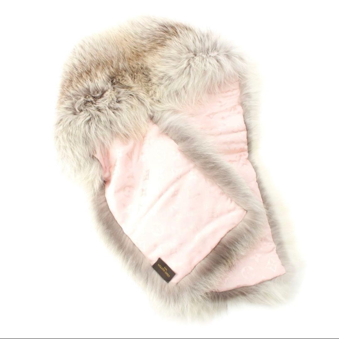 【新品】　ルイヴィトン　V金具　フォックス　ファー　マフラー　モノグラム　ピンク