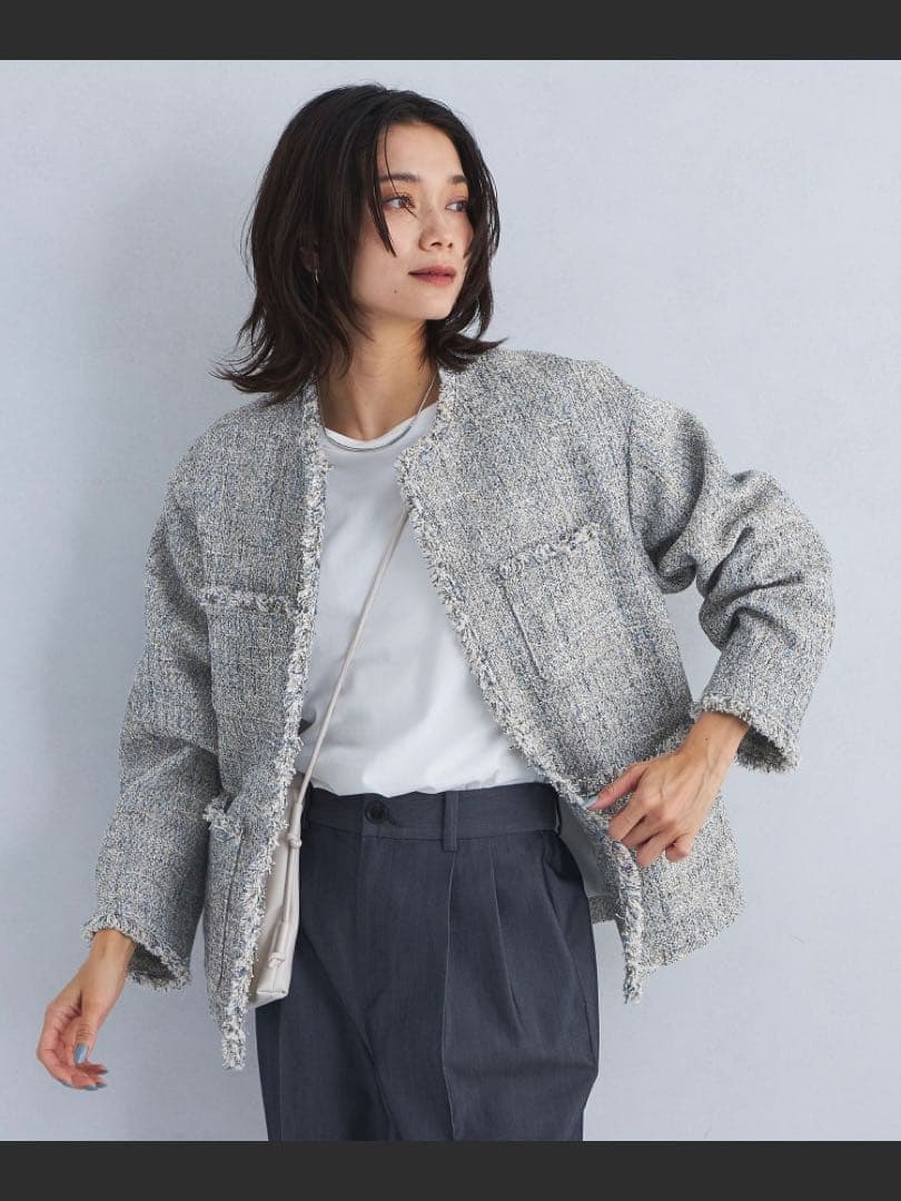 グリーンレーベルリラクシング ミックスツイードライクポケットノーカラージャケット