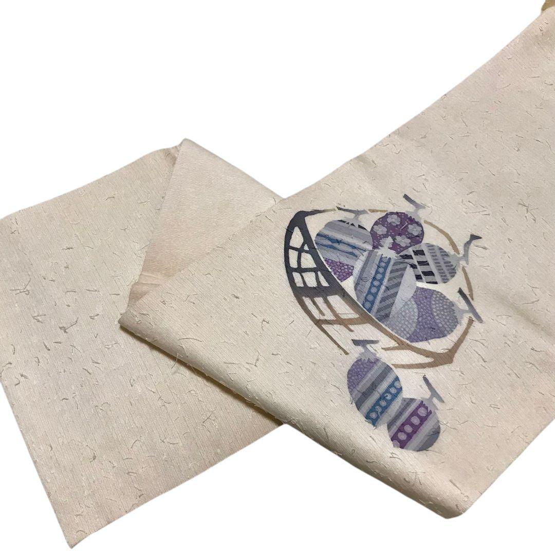 【名古屋帯】ひげ紬 作家物　実模様 カジュアル　白　ホワイト　アンティーク