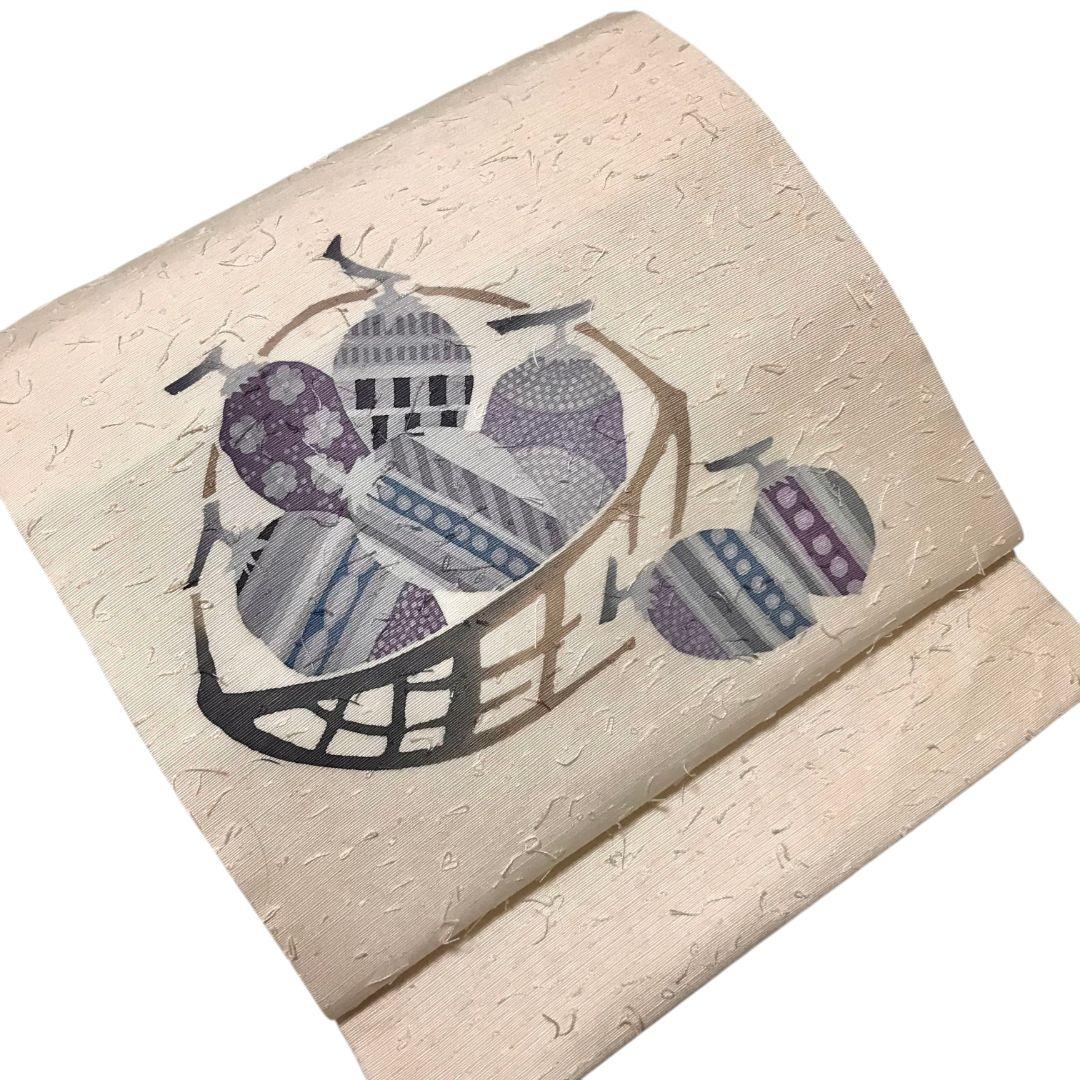 【名古屋帯】ひげ紬 作家物　実模様 カジュアル　白　ホワイト　アンティーク