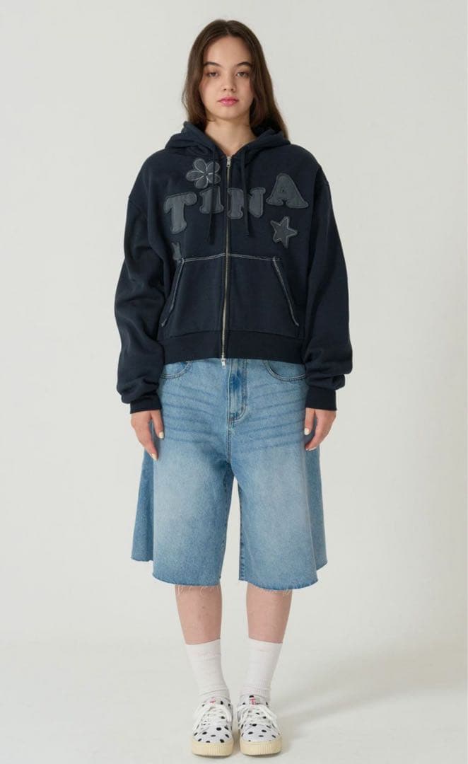 裏起毛 ロゴパッチワーク フーディー TINA：JOJUN ネイビー 新品未使用