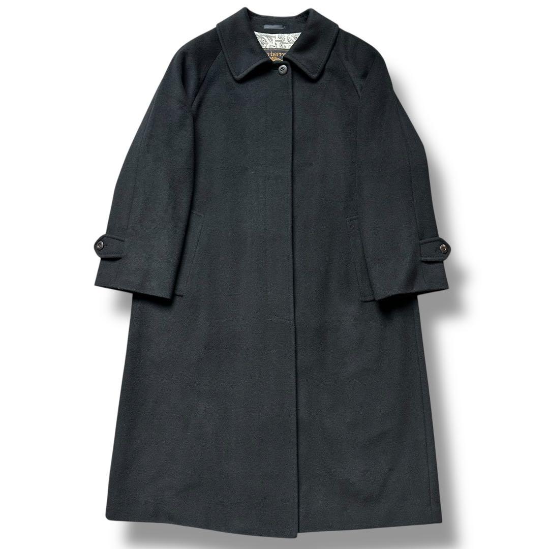 XL相当 ピュアカシミヤ バーバリーズ ステンカラーコート ロング 総柄 黒