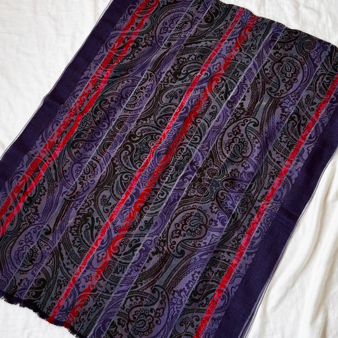 エトロ 高級感 高見え ペイズリー 刺繍入り大判ストール シルク混 パープル