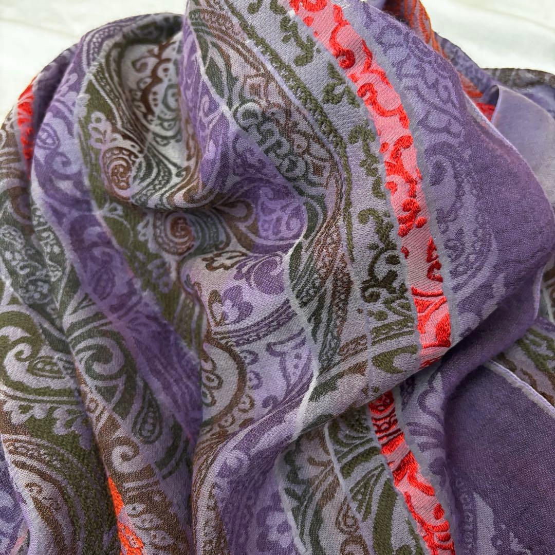 エトロ 高級感 高見え ペイズリー 刺繍入り大判ストール シルク混 パープル