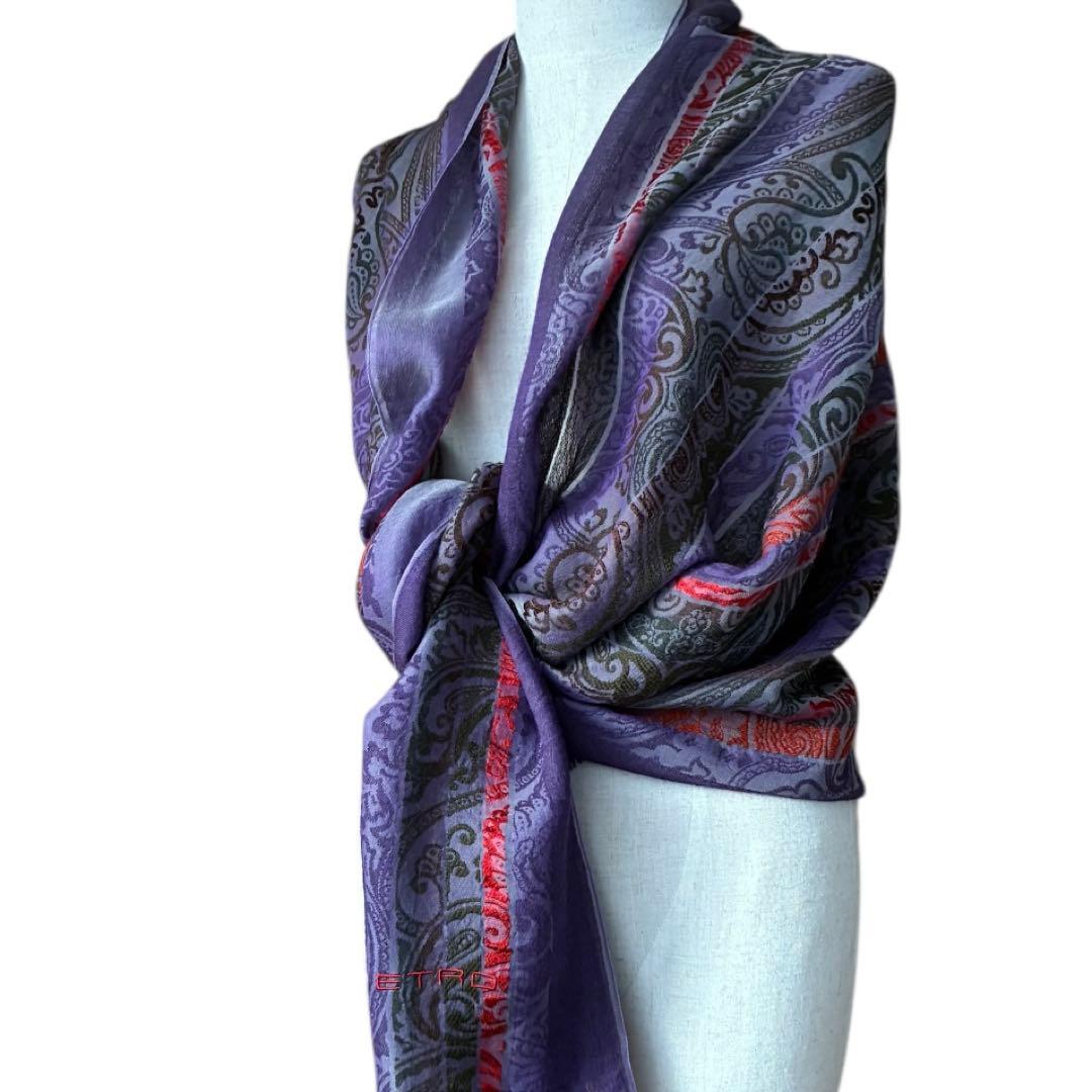 エトロ 高級感 高見え ペイズリー 刺繍入り大判ストール シルク混 パープル