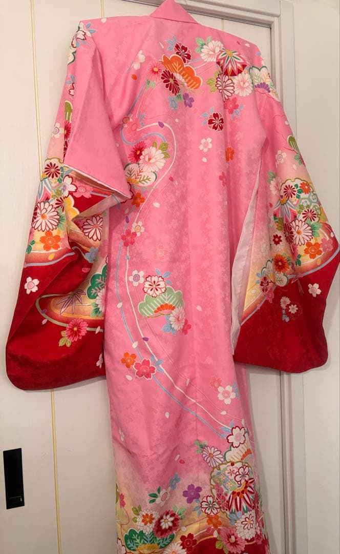 七五三用ピンク赤花柄着物　フルセット