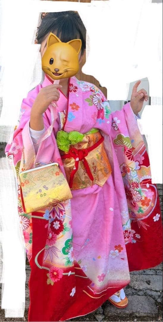 七五三用ピンク赤花柄着物　フルセット