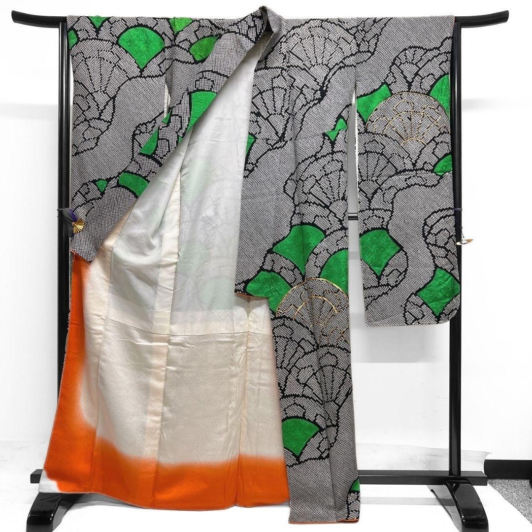 総絞り　金駒刺繍　扇　青海波　道長取り　振袖　成人式　着物 024a p