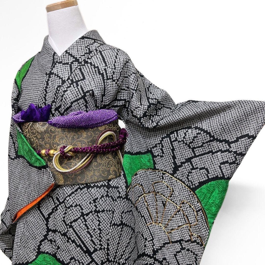 総絞り　金駒刺繍　扇　青海波　道長取り　振袖　成人式　着物 024a p