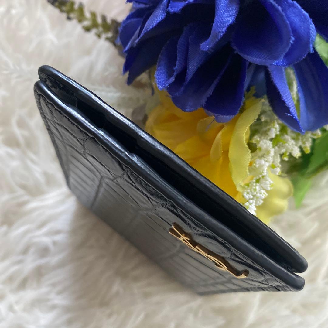 ゆずイヴサンローラン 黒 マネークリップ クロコ ゴールドロゴ YSL
