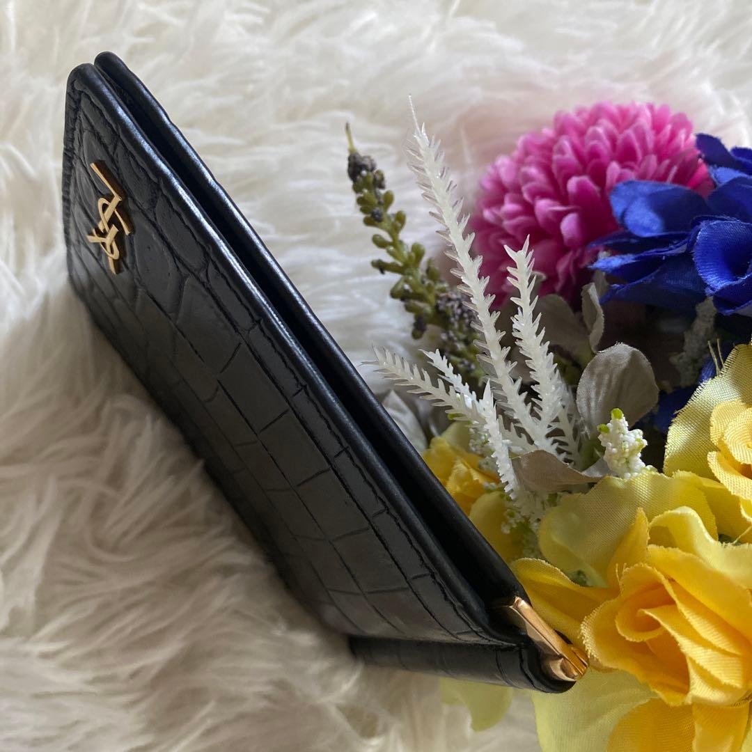ゆずイヴサンローラン 黒 マネークリップ クロコ ゴールドロゴ YSL