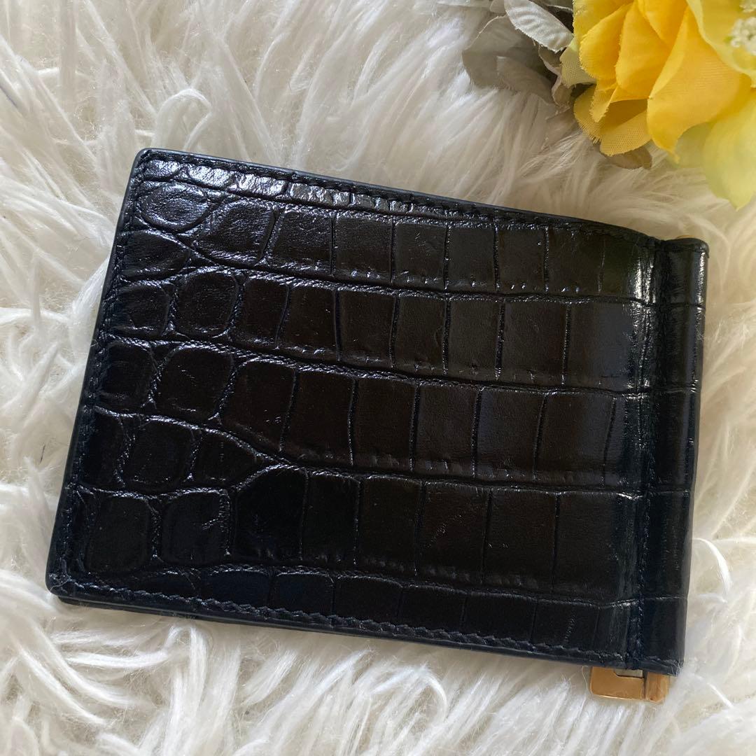 ゆずイヴサンローラン 黒 マネークリップ クロコ ゴールドロゴ YSL